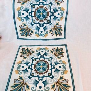 Embroidered Medallion 18x18 Pillow Covers White with Teal & Gold